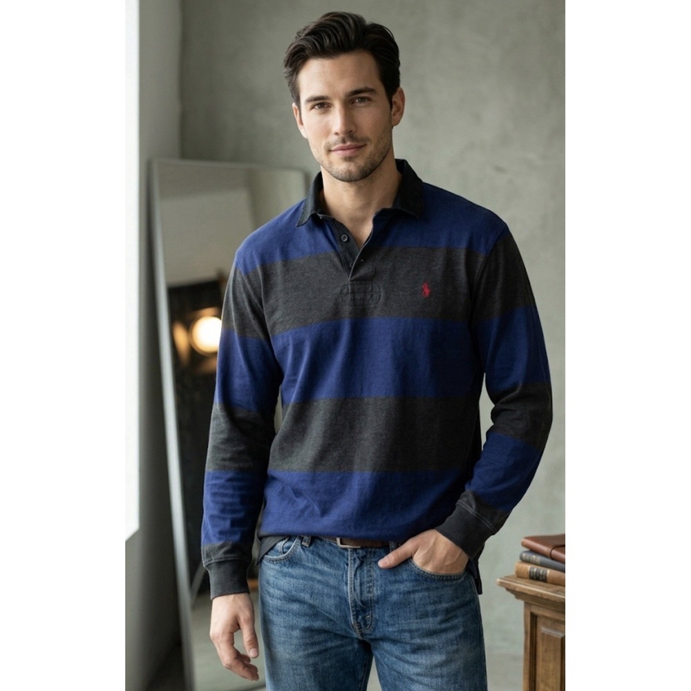 VTG 90s Polo Ralph Lauren Blue Gray Stripe Rugby Shirt Sz XL Preppy Classic